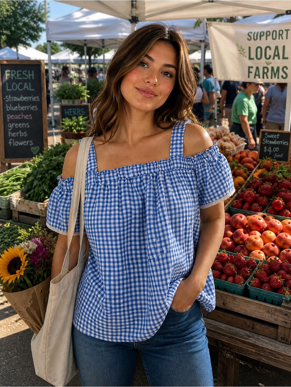 A. Byer Blue and White Gingham Off-Shoulder Tank Top